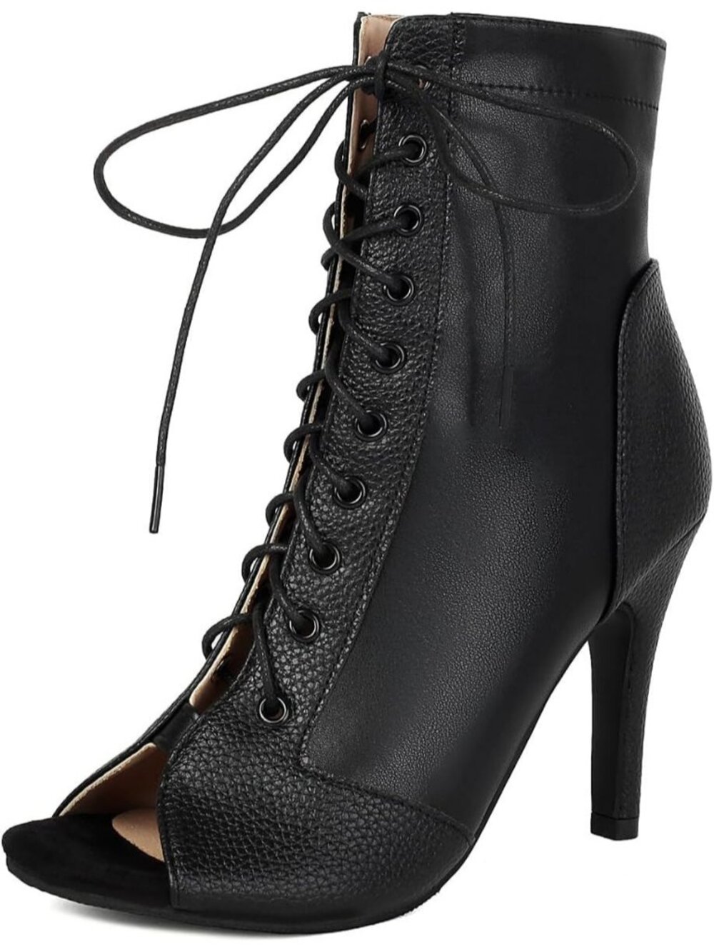 Women's Black Buckle Lace Up Mesh Sandal Peep Toe High Heel Ankle Boot